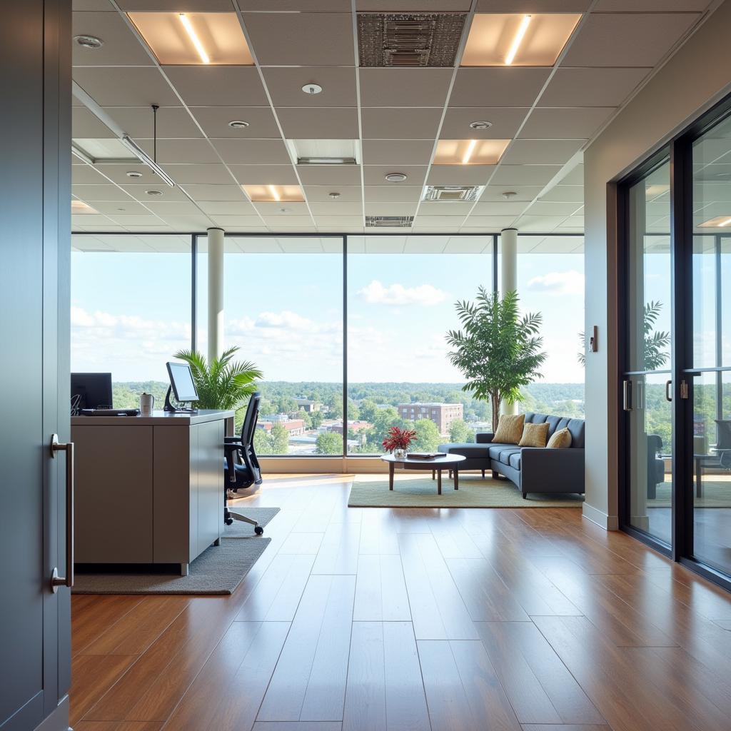 Modern office interior with floor-to-ceiling windows showcasing the Baton Rouge cityscape