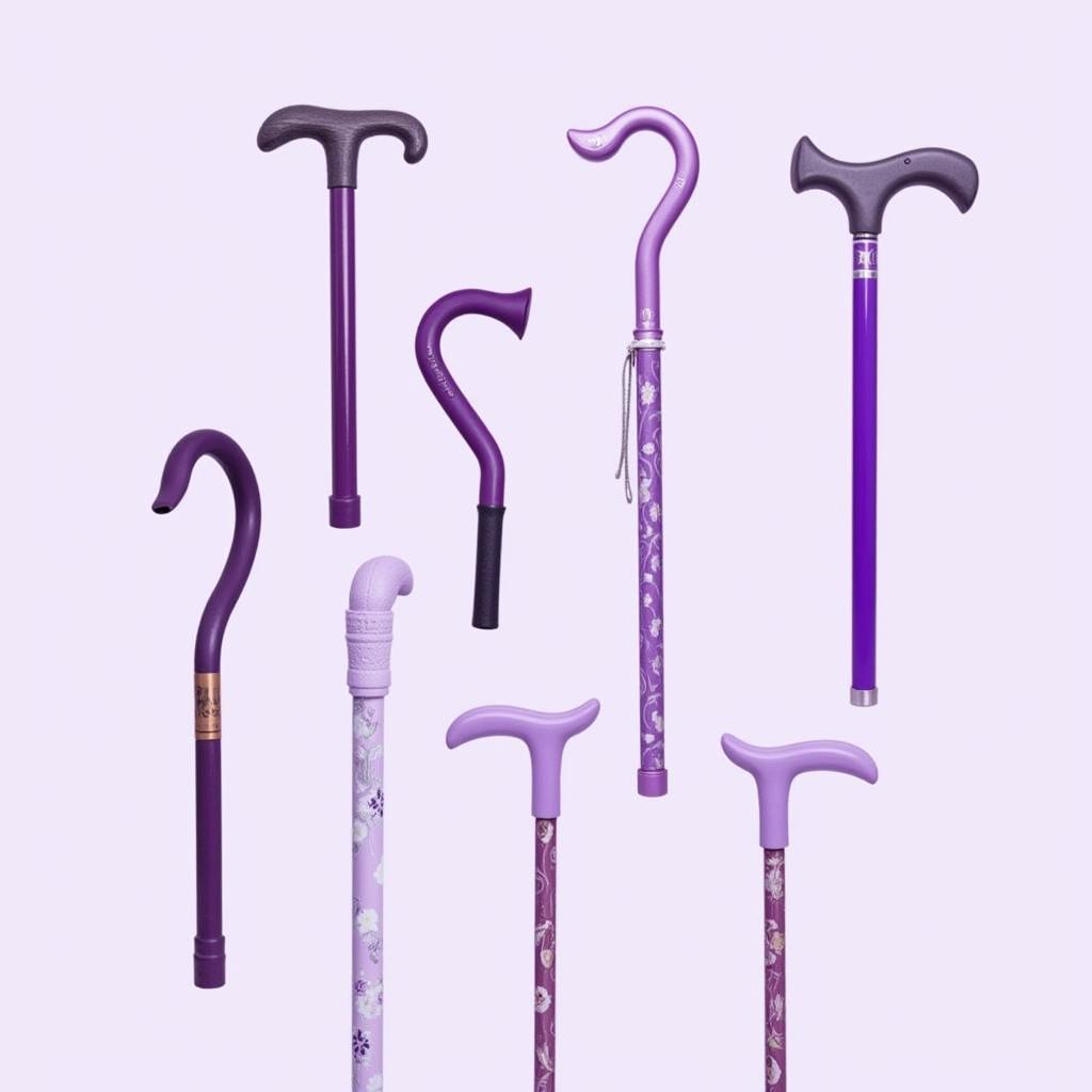 A variety of purple walking canes on display