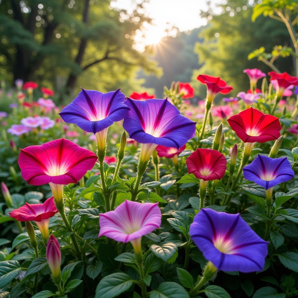 A lush garden filled with blooming morning glories