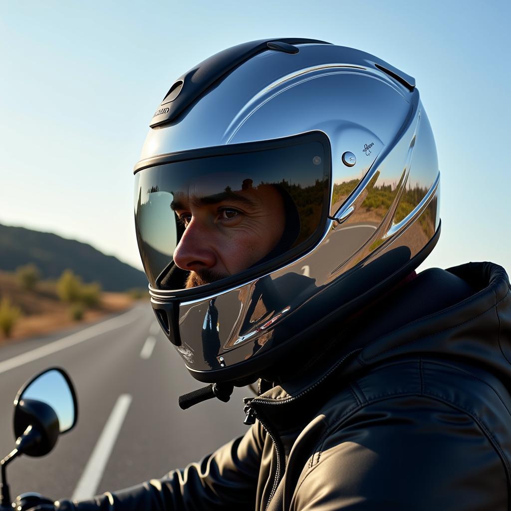 Motorcycle rider wearing a chrome helmet