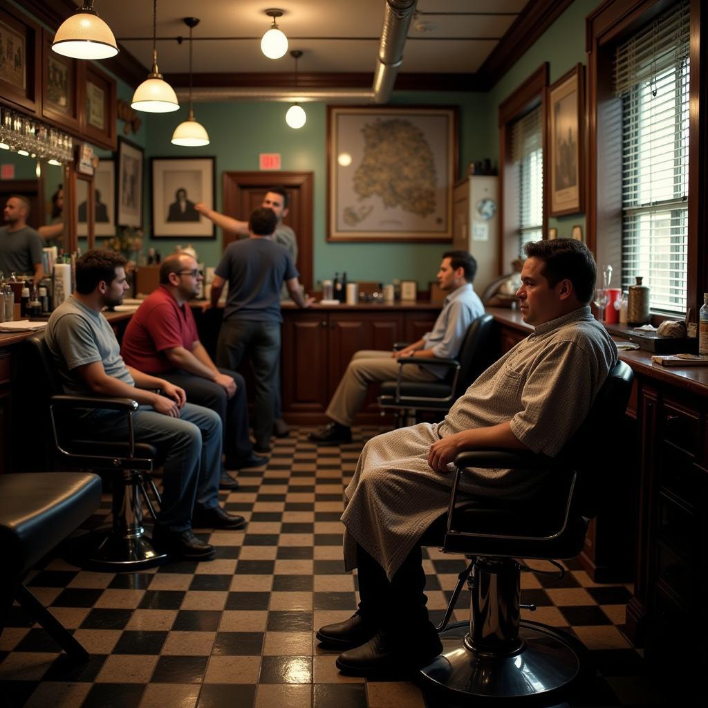 A still from a movie featuring a barbershop scene with characters engaging in lively conversation