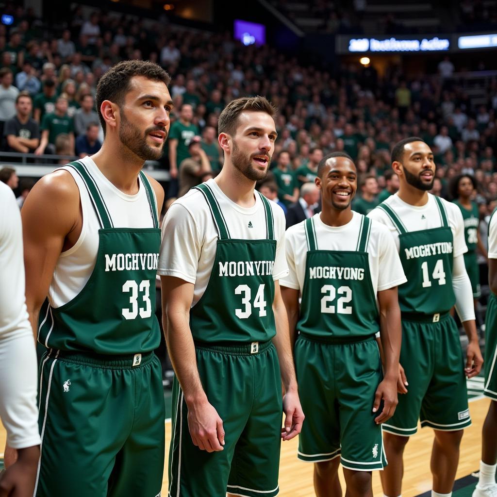 MSU basketball team wearing overalls