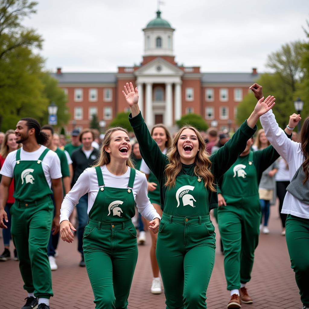 Students celebrating in MSU overalls