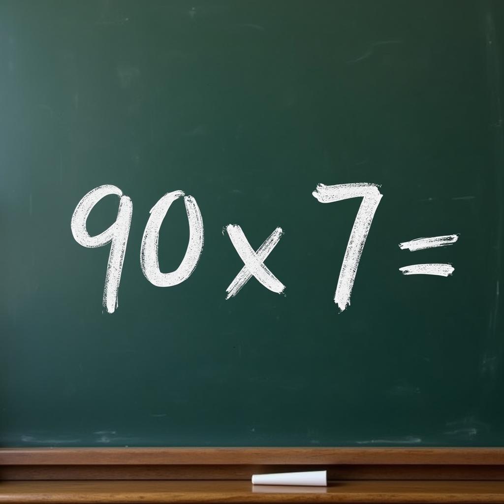 90x7 multiplication equation displayed on a chalkboard