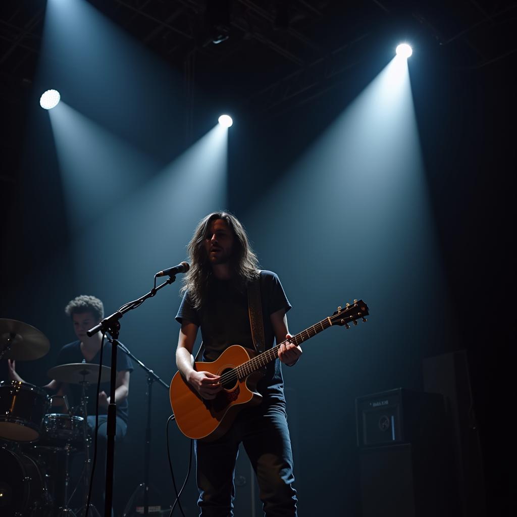 A guitarist passionately performing "Eat Your Young" on stage