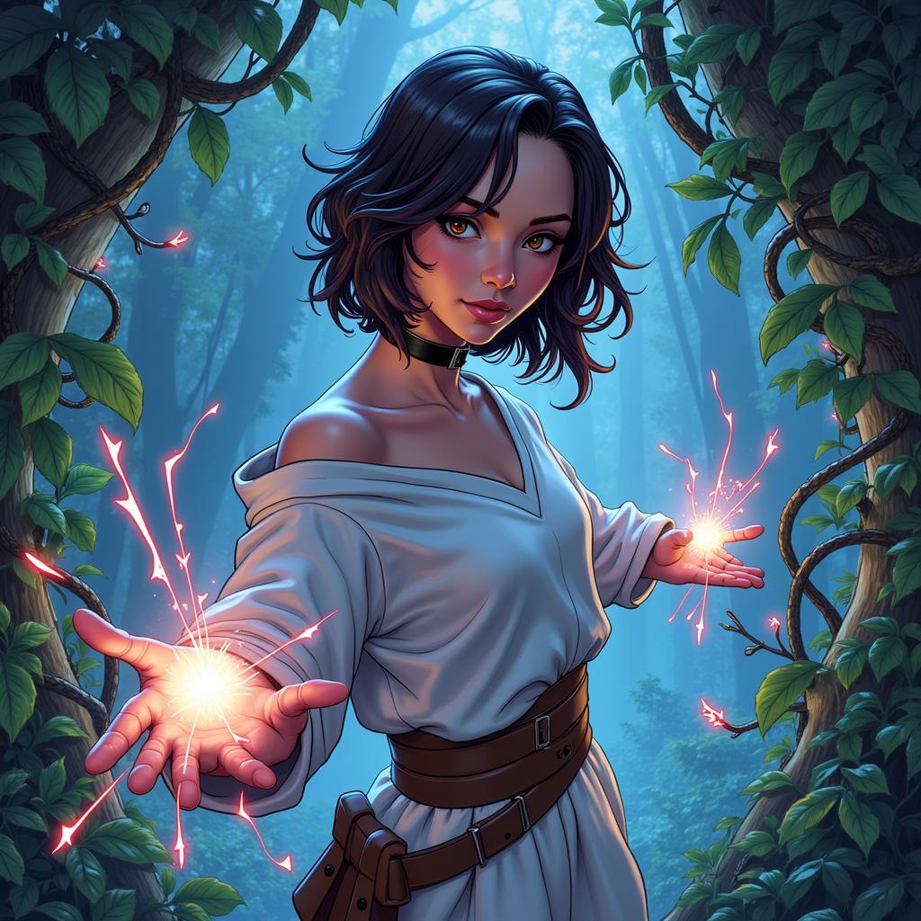 Nadia Grell utilizes her unique Force power to manipulate plant life, creating a protective barrier of vines.