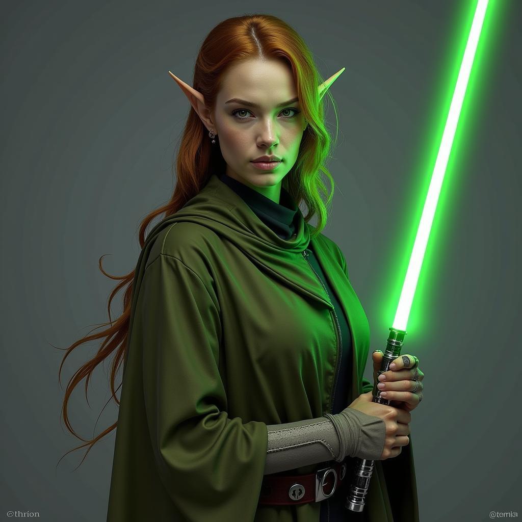 Nadia Grell, a Twi'lek companion in Star Wars: The Old Republic, stands with her green double-bladed lightsaber activated.