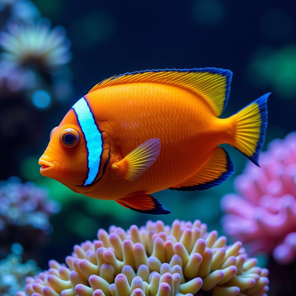 Neon angelfish swimming amongst vibrant coral