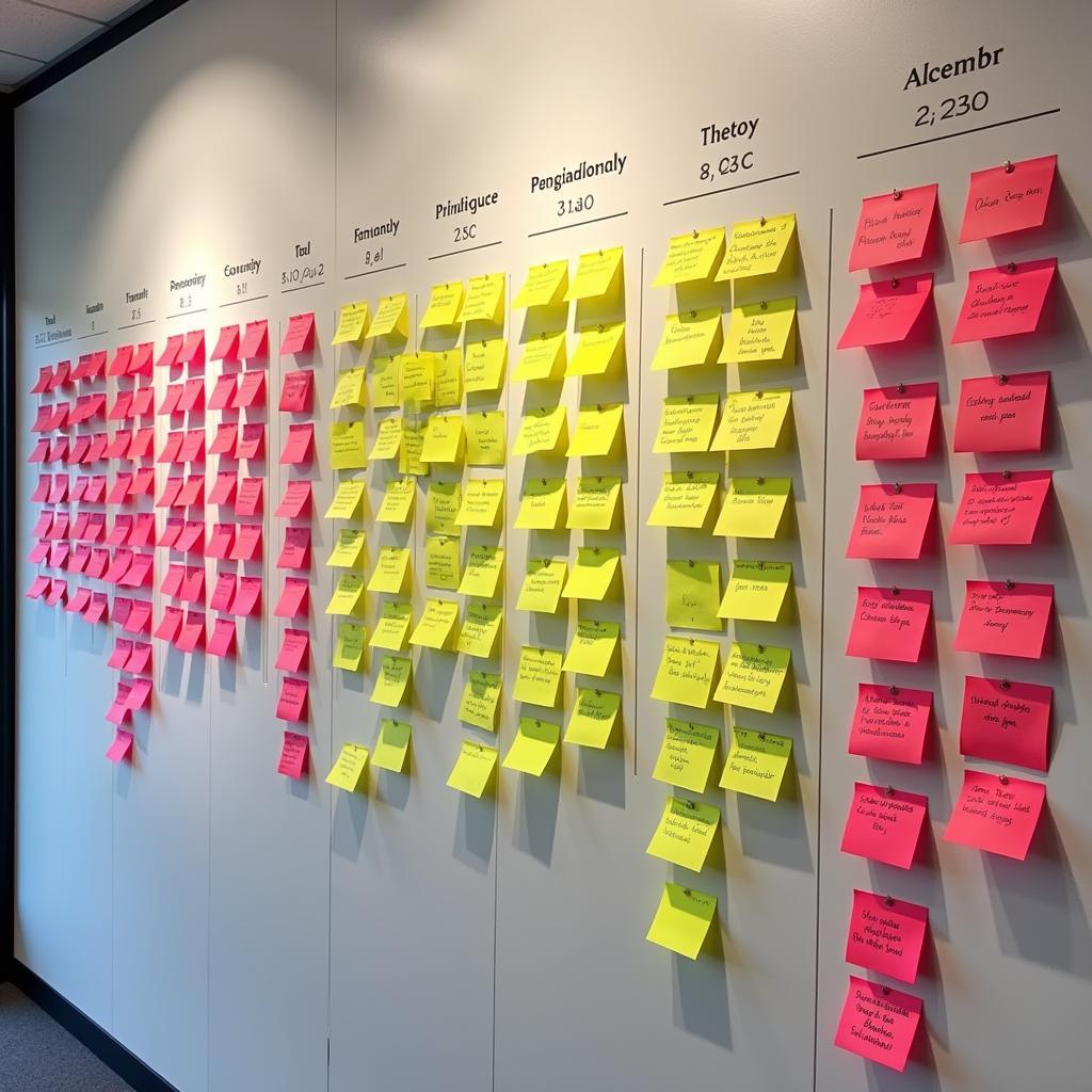 A wall with neon post-it notes organized for project management