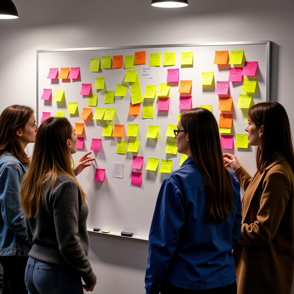 Group brainstorming session using neon post-it notes on a whiteboard