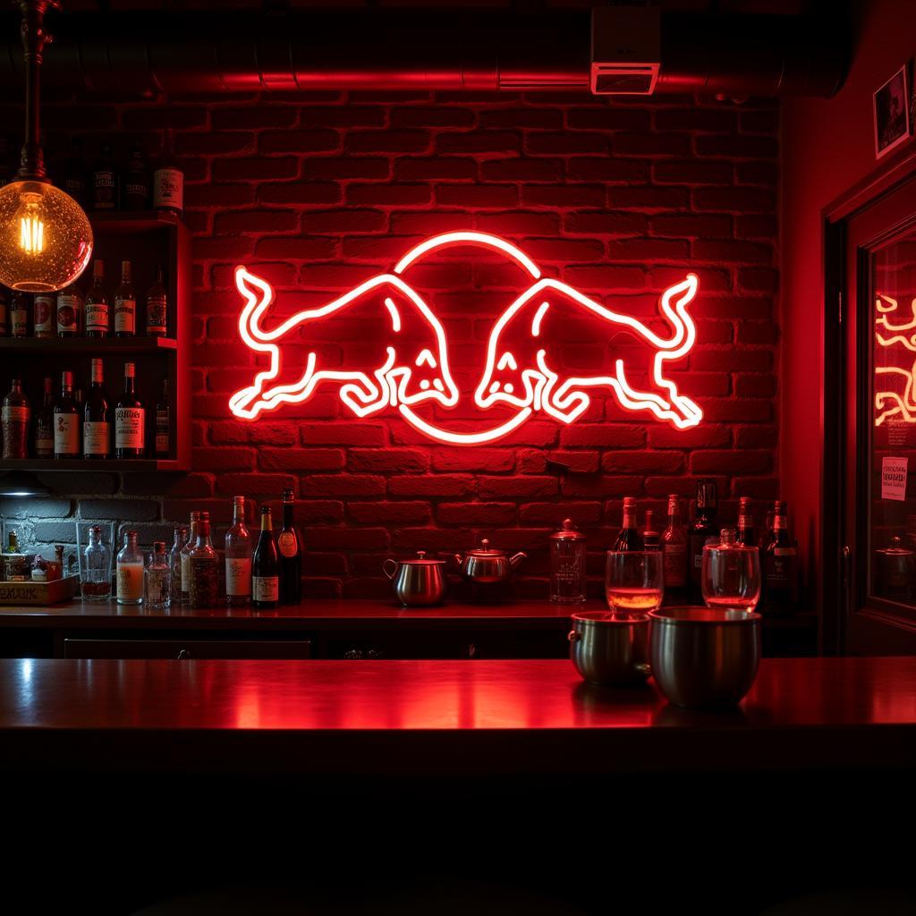 Neon Sign Red Bull in a Home Bar