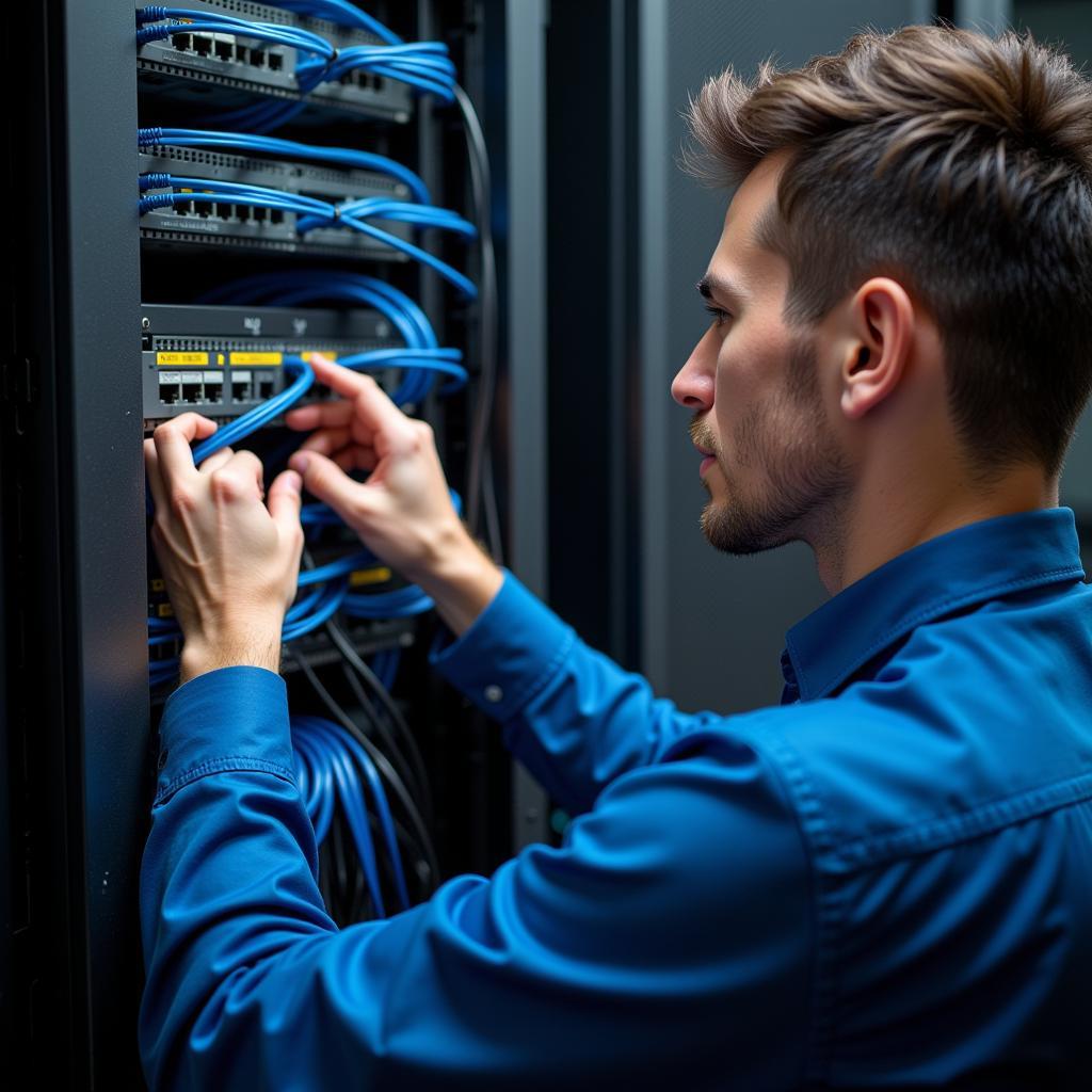 Network technician connecting cables to a patch panel