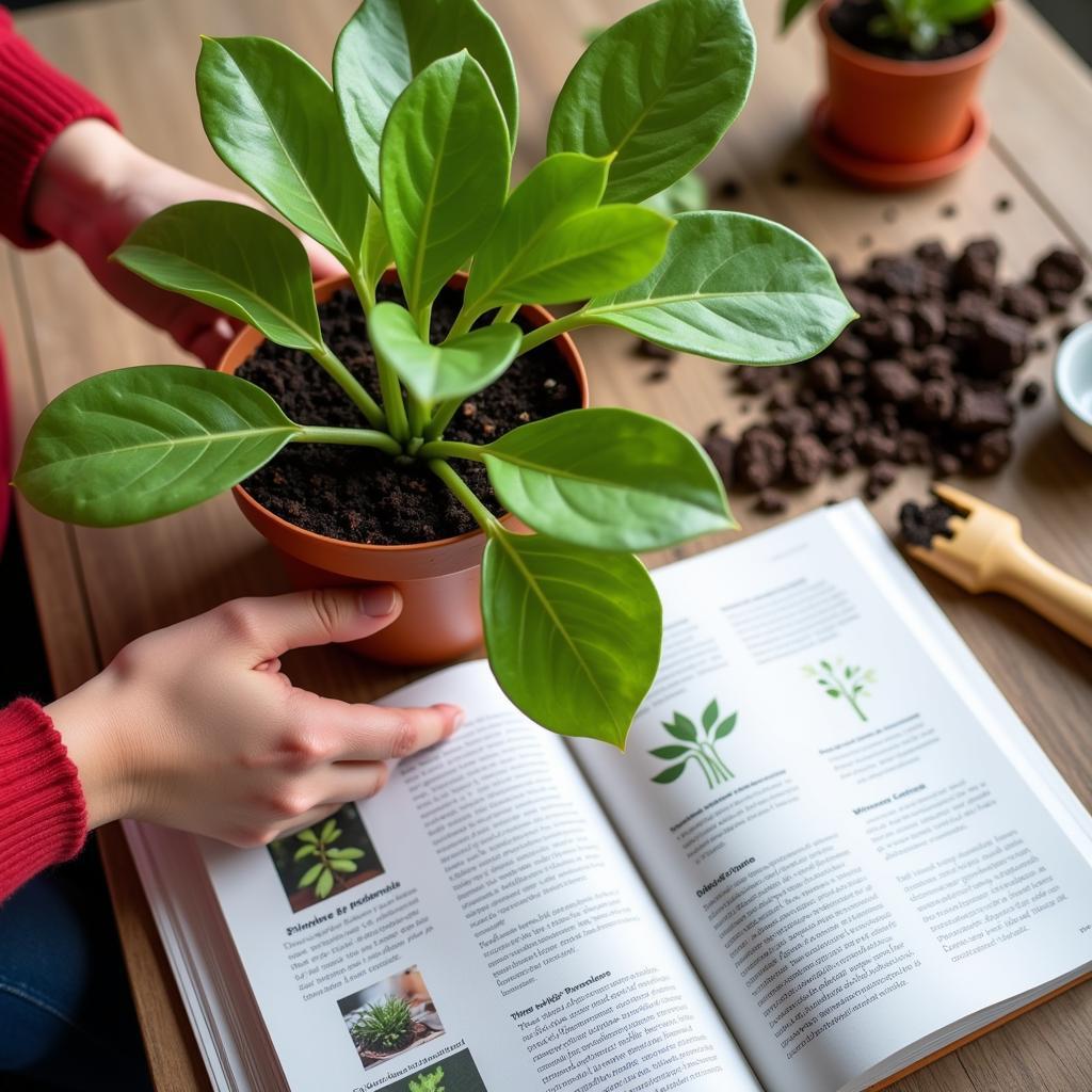 A person potting their new plant with care and guidance from a guidebook