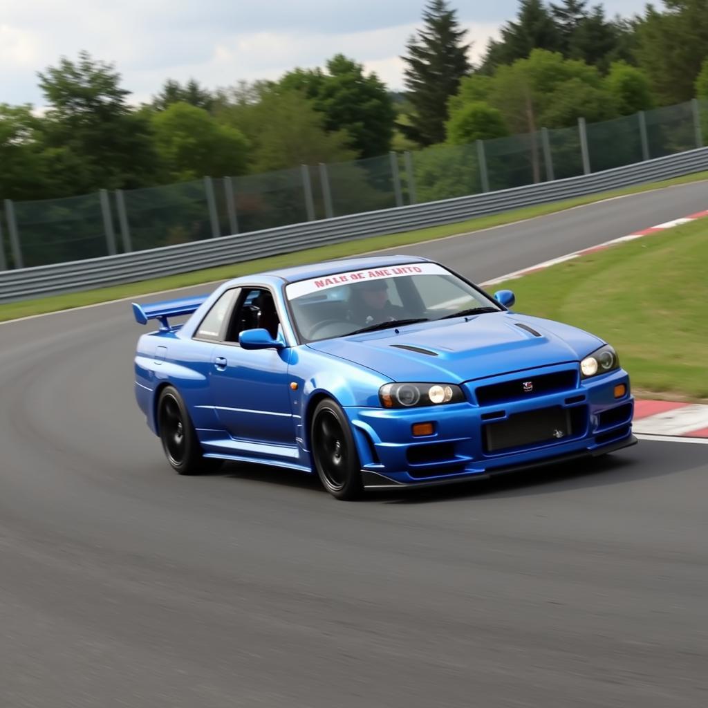 A sleek Nissan Skyline GT-R R34 on the track