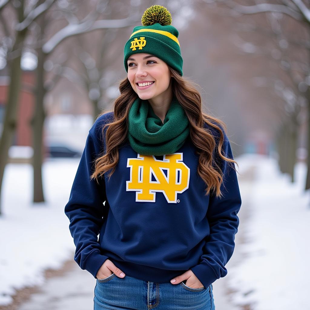 Notre Dame fan layering clothes for warmth