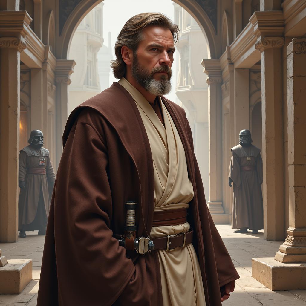 Obi-Wan Kenobi, the Jedi Master, in a contemplative pose