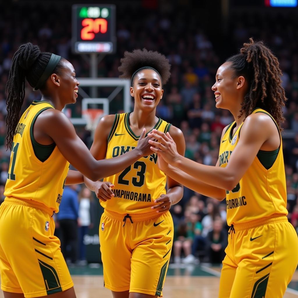 Odyssey Sims celebrating a basketball victory with her team