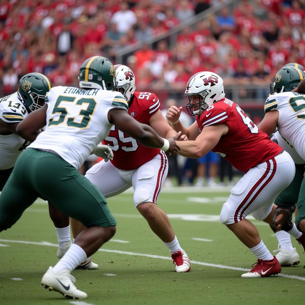 Offensive line executing a formation shift