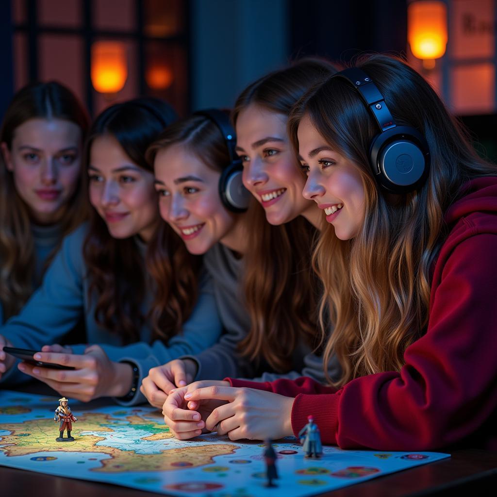 Players engrossed in an online board game, captivated by the immersive soundtrack