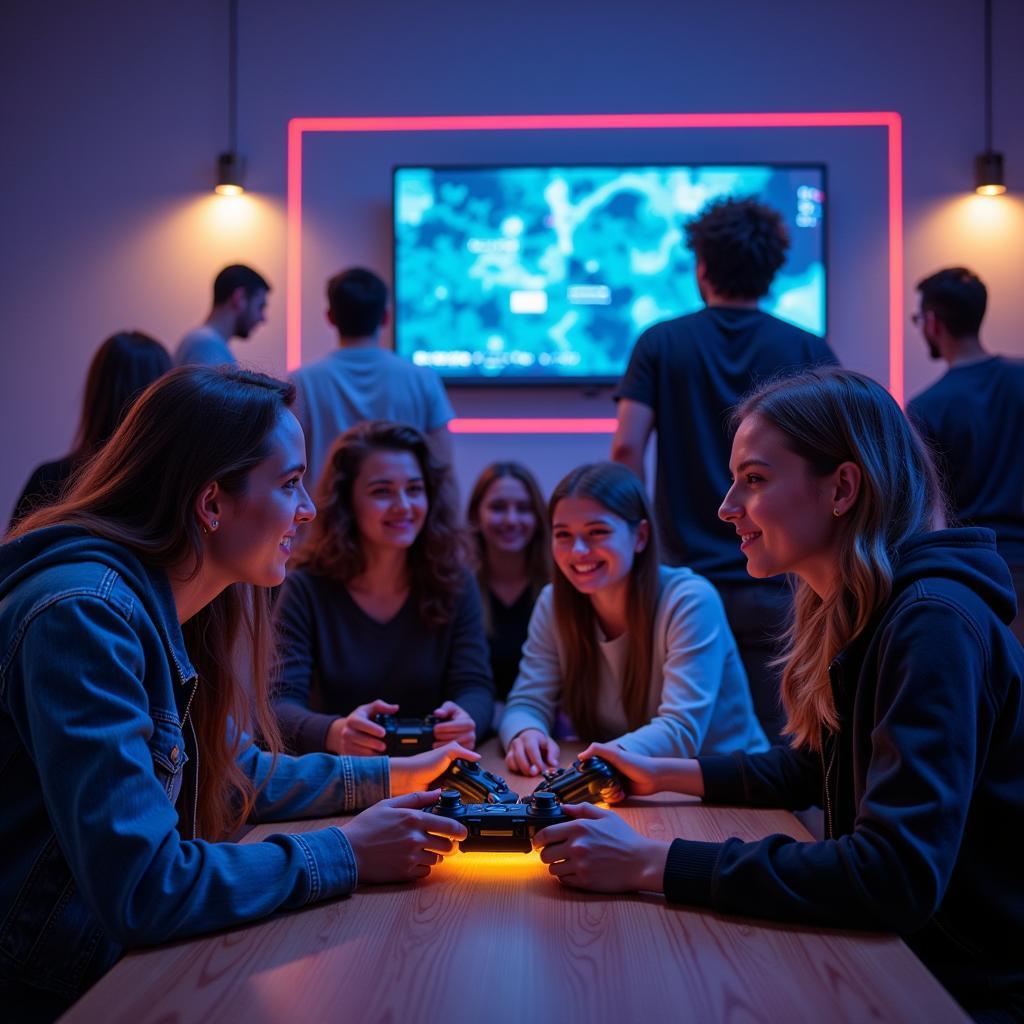 A group of friends playing an online game together, communicating and strategizing.