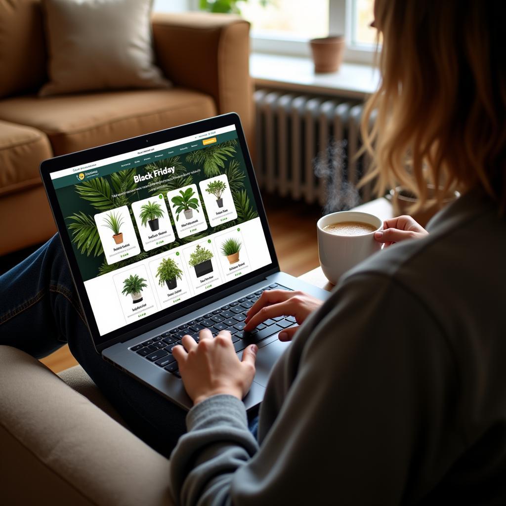 Person browsing online plant shop on their laptop during Black Friday