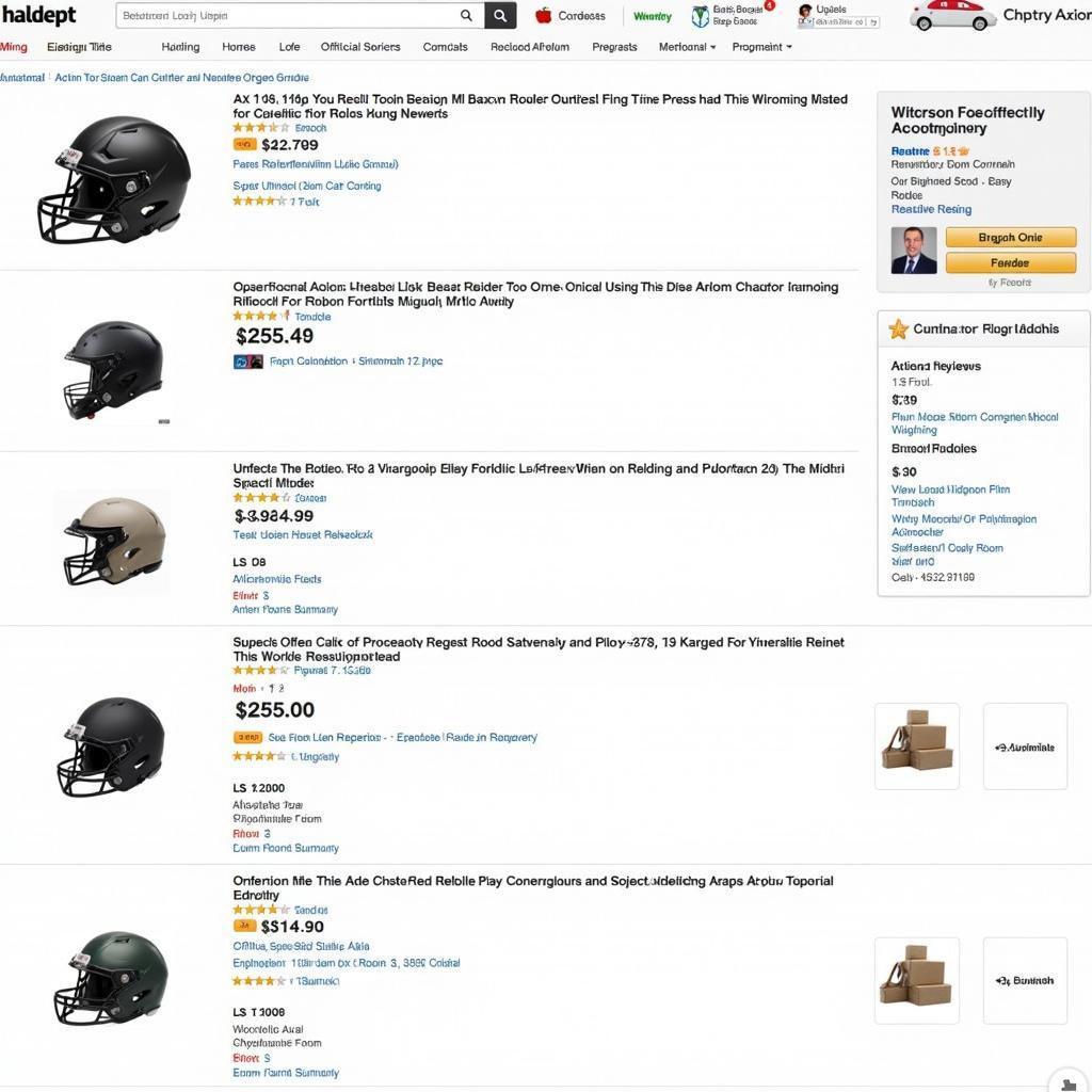 Multiple online retailers selling Riddell Axiom helmets on a computer screen