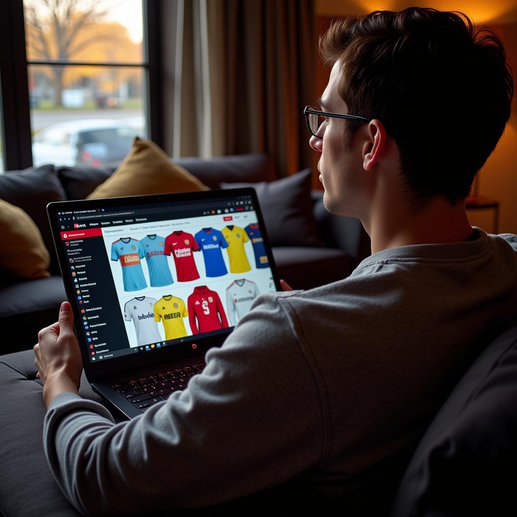 A person browsing pro club clothing options on a laptop