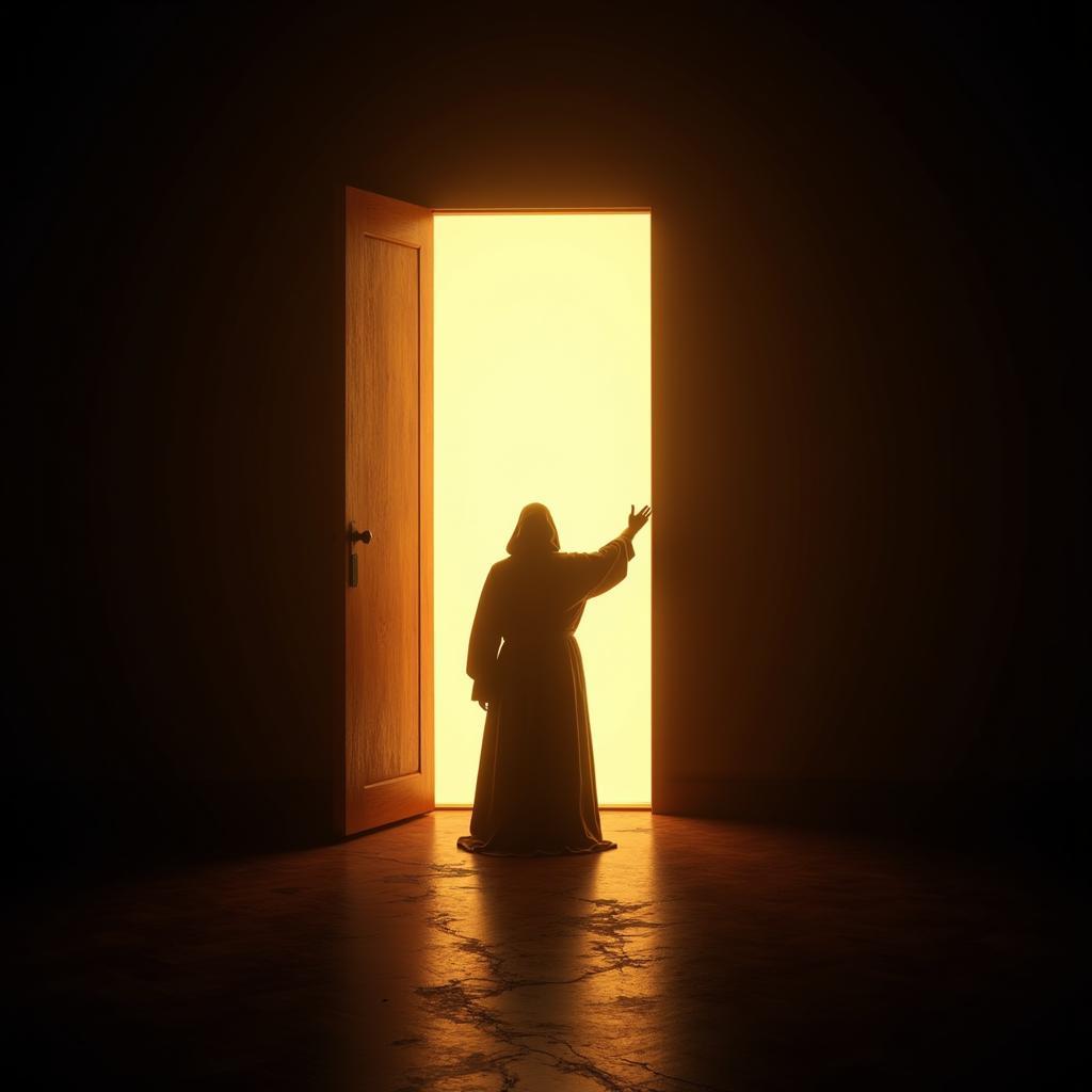 Open Door with Glowing Light and Grim Reaper Silhouette