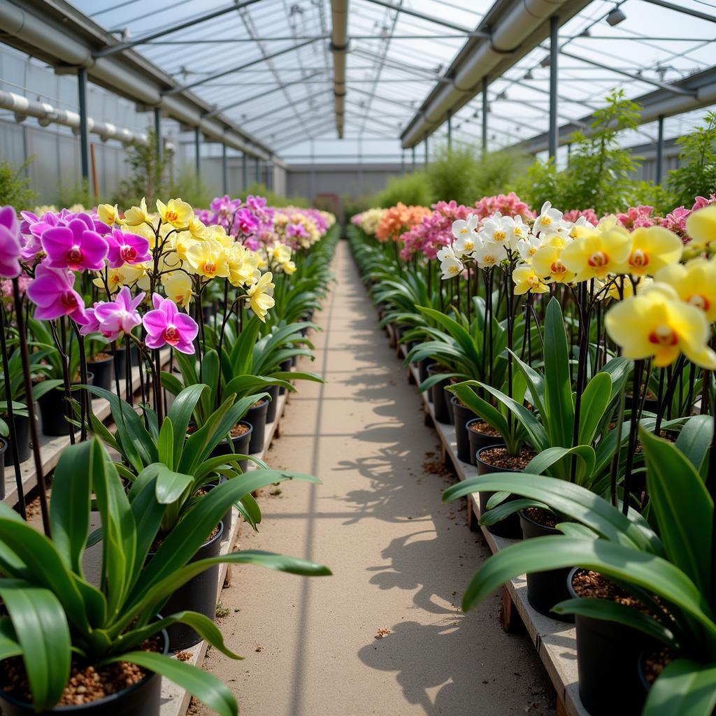 A variety of ground orchids on display in a plant nursery