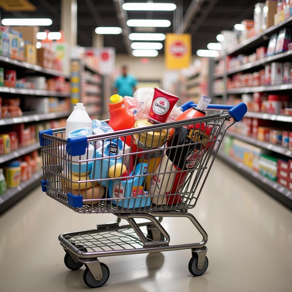 A Shopping Cart Filled with Organized Discount Store Finds