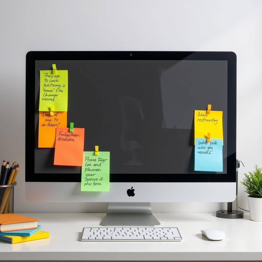 A workspace organized with post-it notes for tasks and reminders.