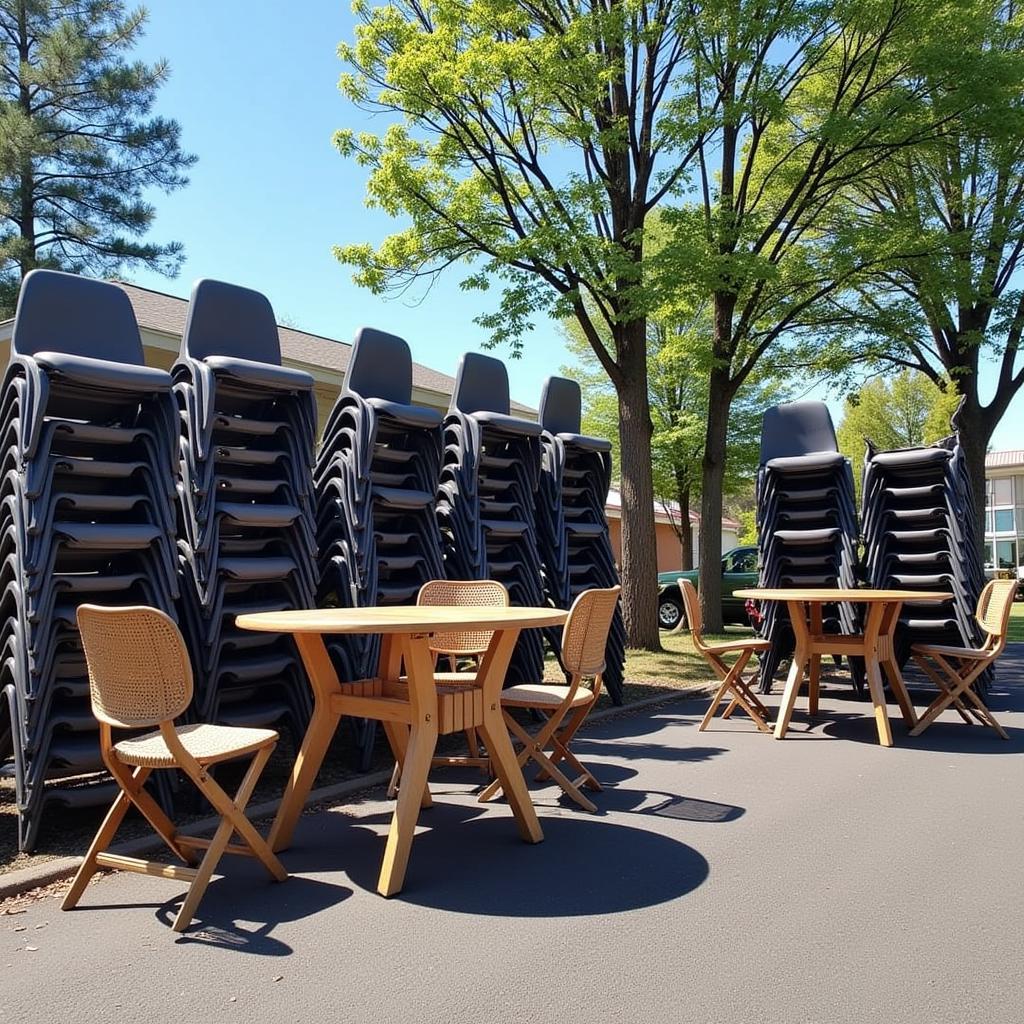 Outdoor event chairs stacked on tables