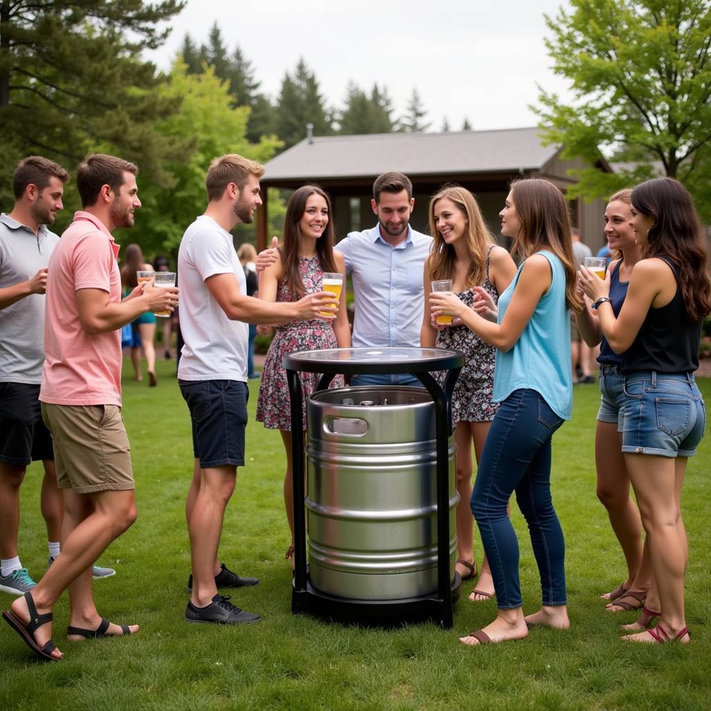 Lively outdoor party with guests gathered around a keg stand