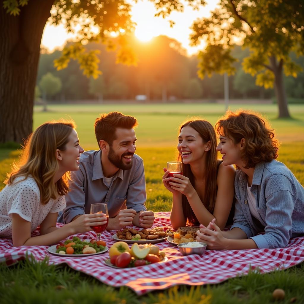 Family enjoying a picnic in a park during golden hour