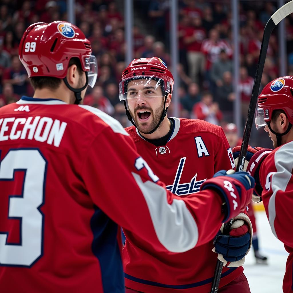 Alex Ovechkin celebrating a goal while wearing his tinted visor