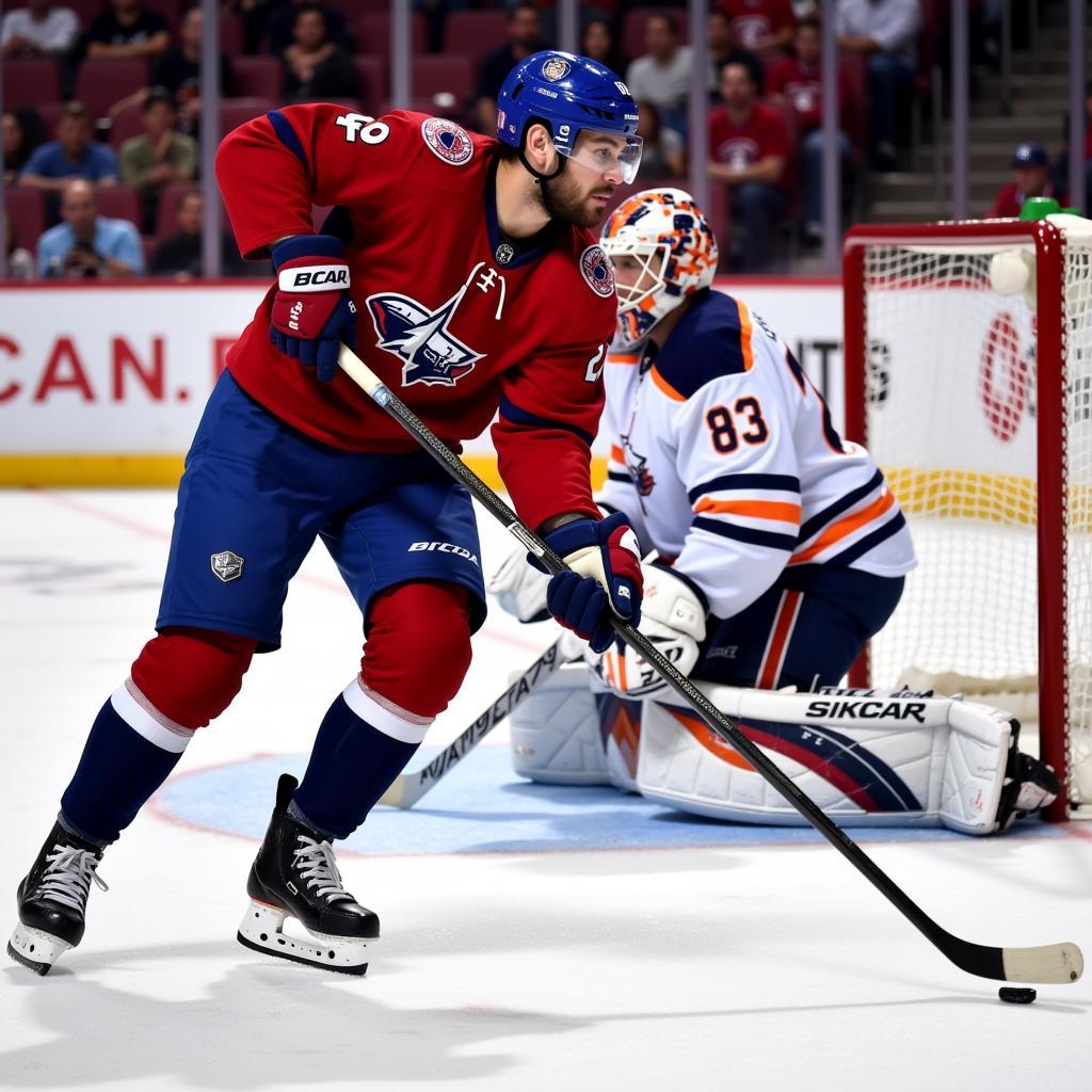 Alex Ovechkin taking a slapshot while wearing a tinted visor.