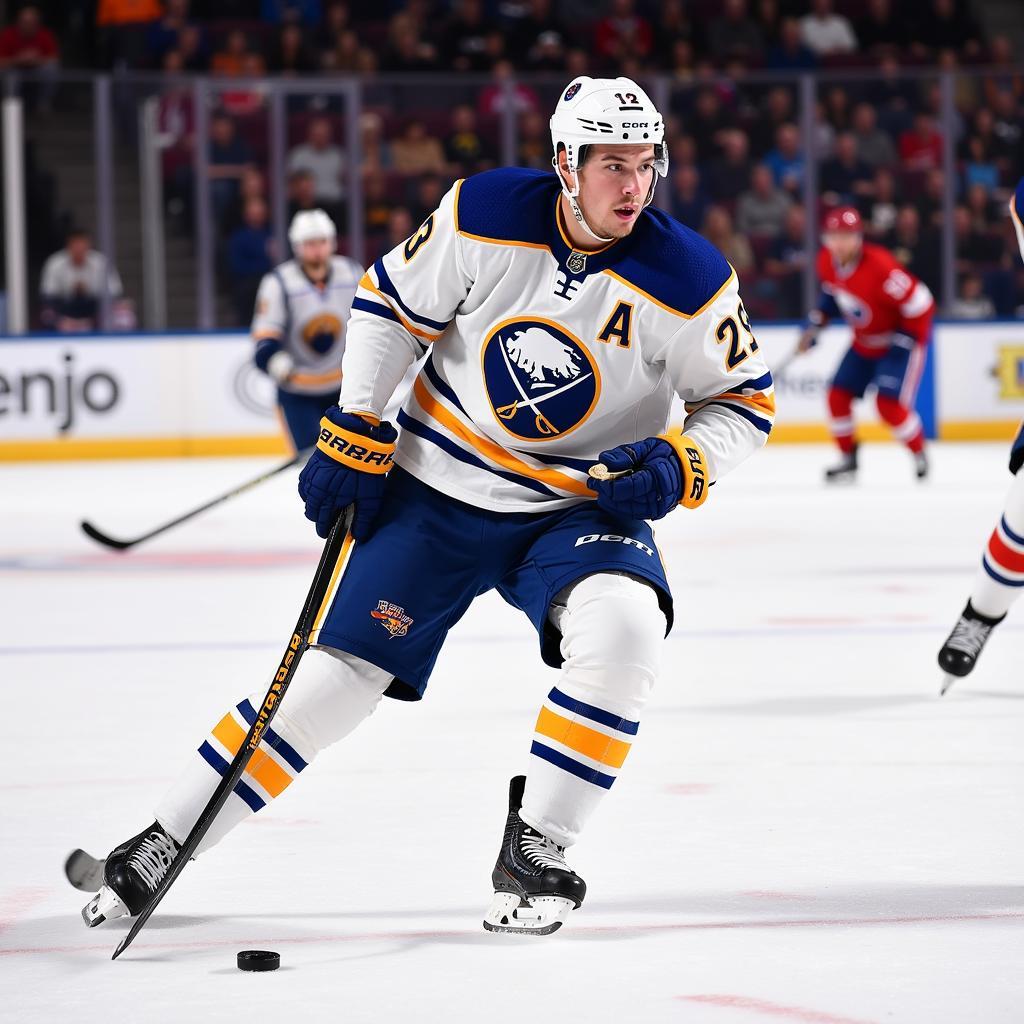 Owen Power skating in his Buffalo Sabres jersey