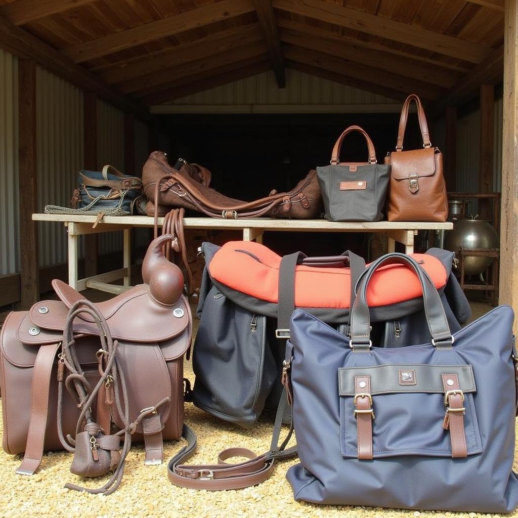 Essential gear for pack horses displayed on a wooden table