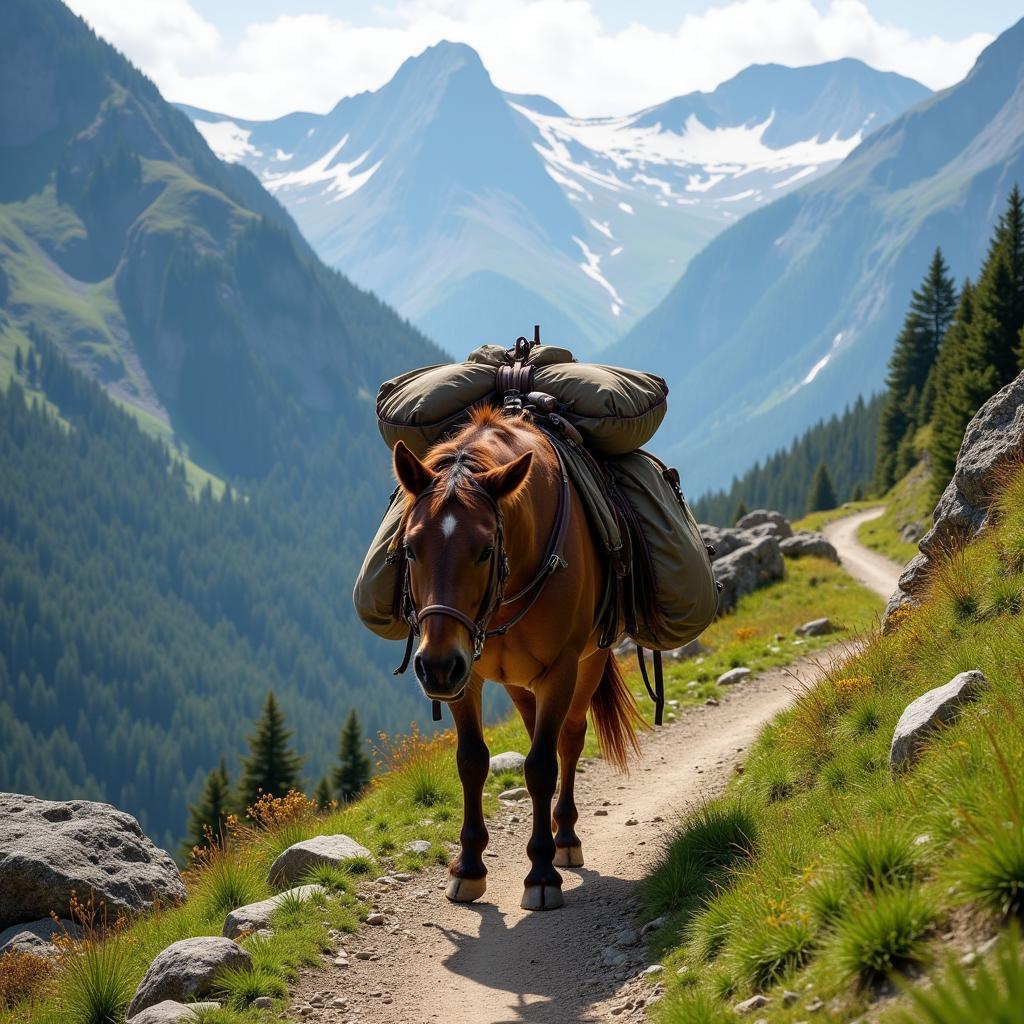 Pack horse navigating a mountain trail