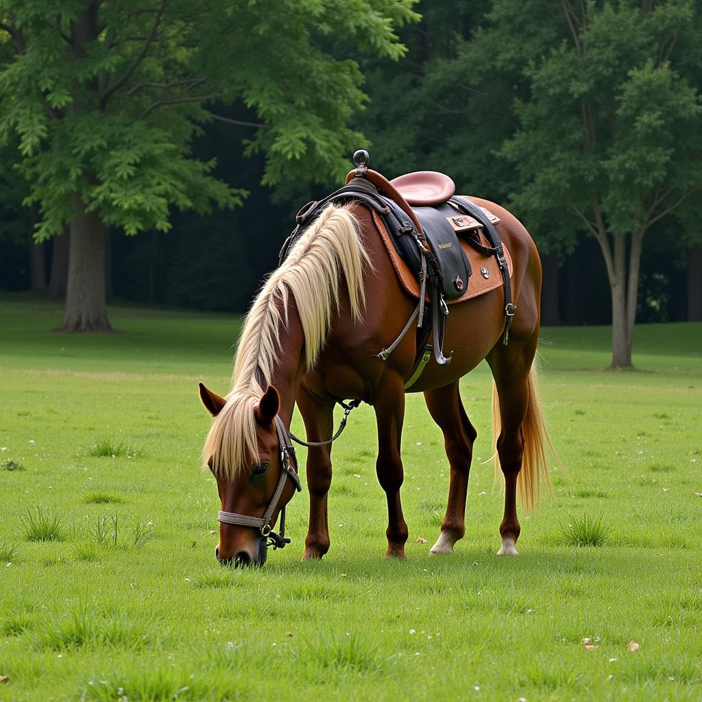 Pack horse taking a break in a meadow