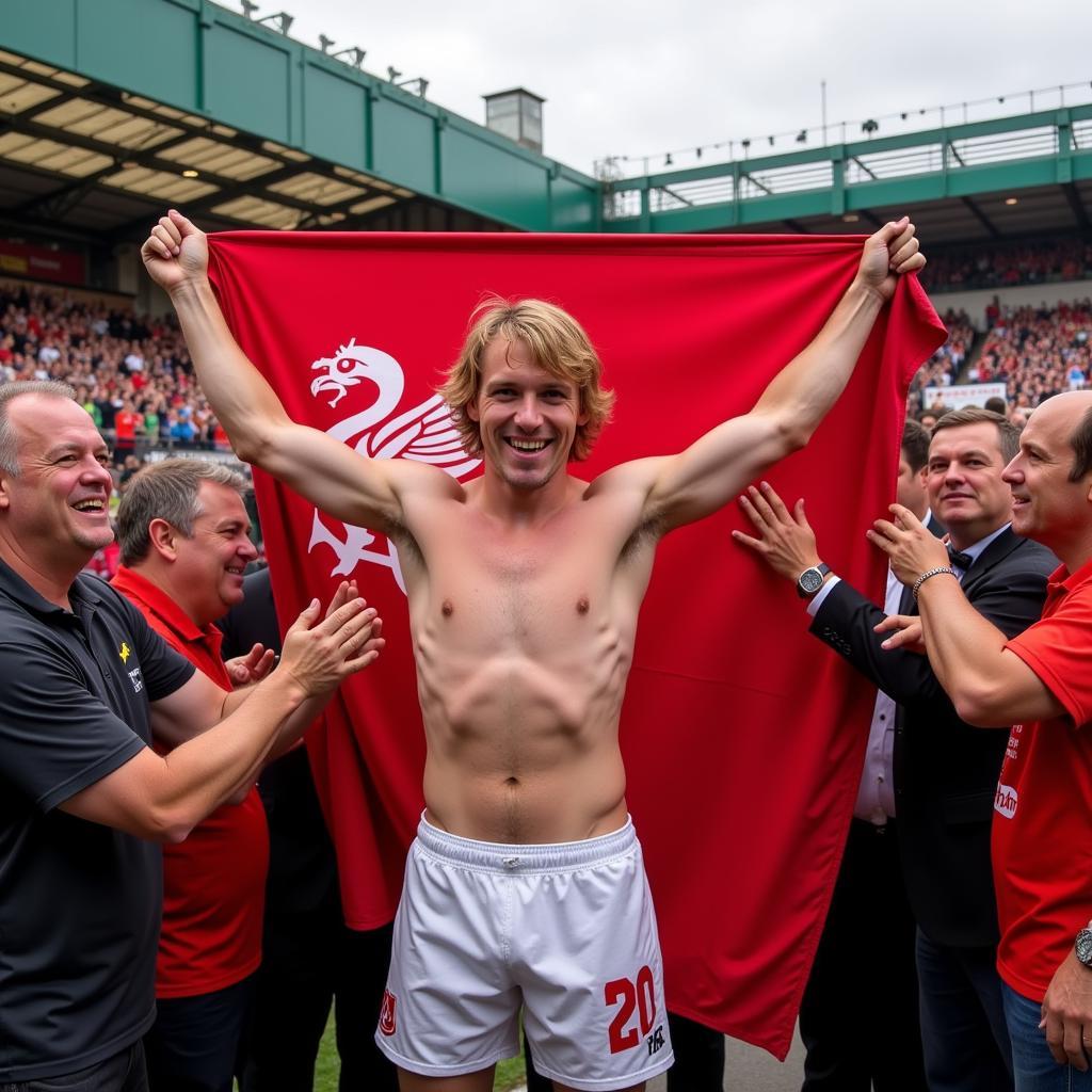 Paddy Pimblett with fans and the Liverpool flag