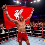 Paddy Pimblett holding the Liverpool flag in the octagon