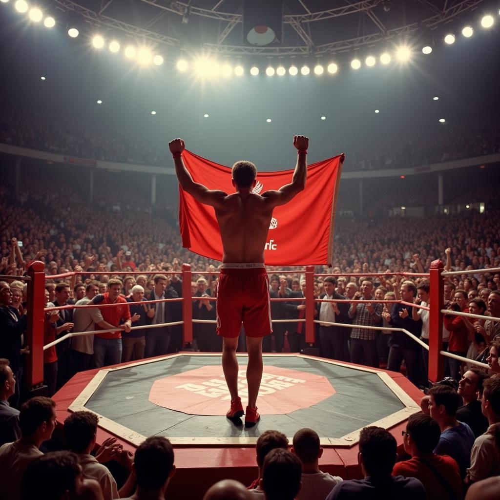 Paddy Pimblett celebrating a victory with the Liverpool flag draped over him