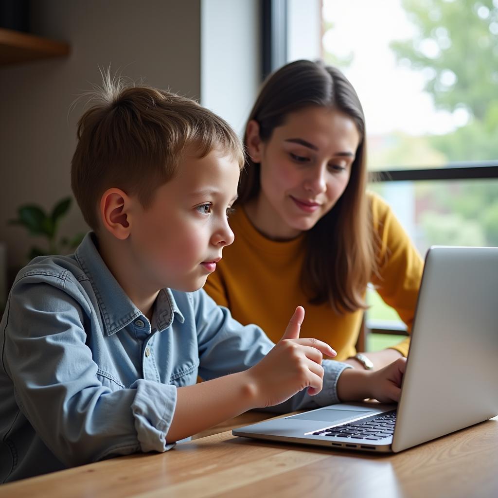 A parent and child having a conversation about online safety while using a laptop.