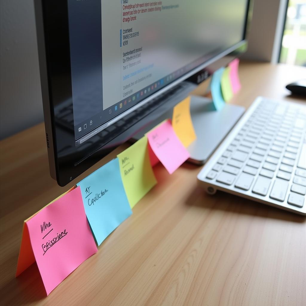 A desk organized with pastel post-it notes for tasks and reminders.