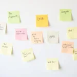 Colorful pastel post-it notes used for brainstorming on a whiteboard.