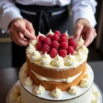 Pastry chef meticulously decorating a cake with fresh berries and intricate piping.