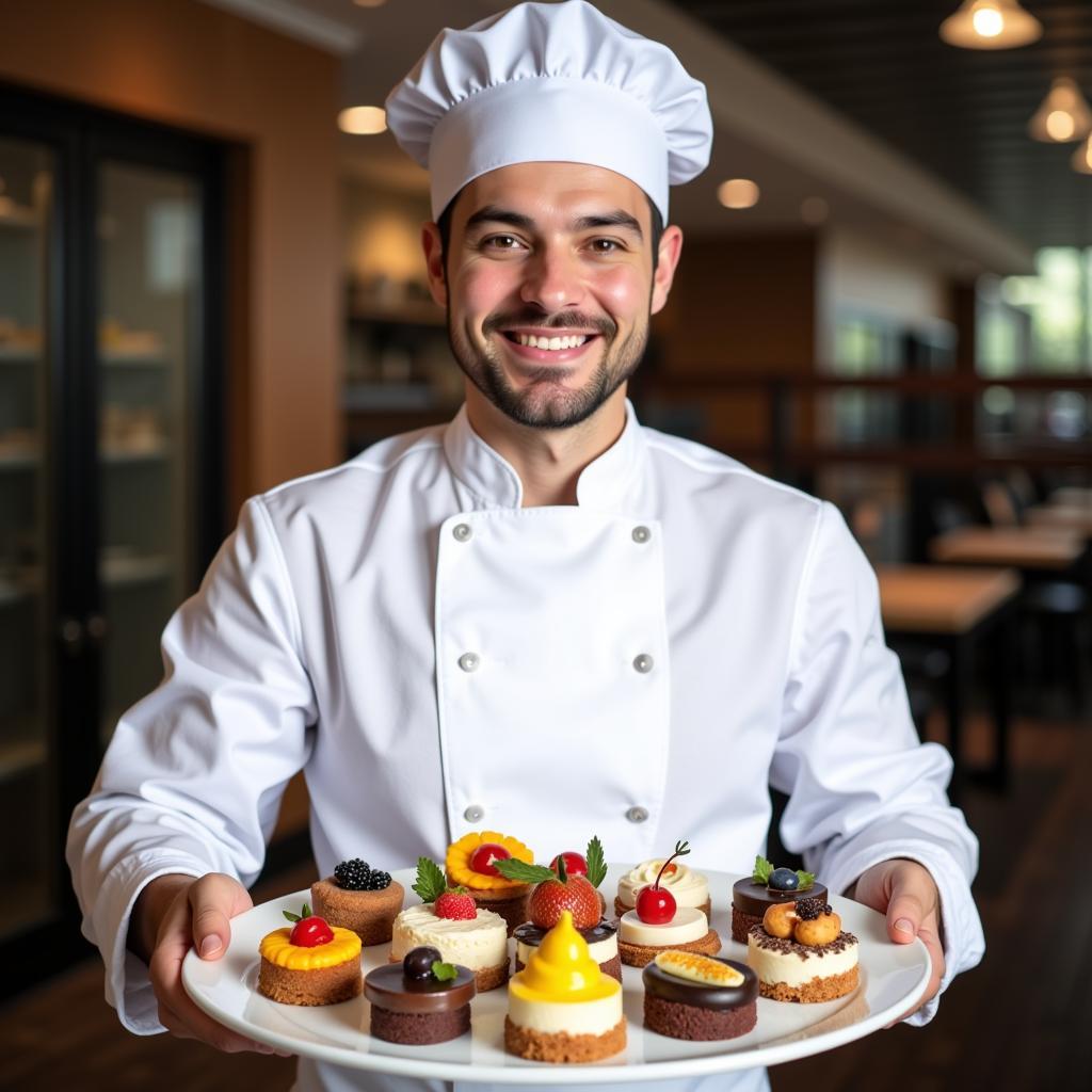 A proud pastry chef smiles while presenting a platter of beautifully arranged desserts.