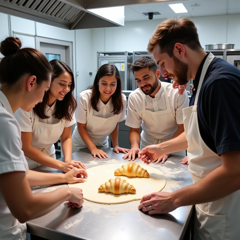 Group of pastry students learning to make croissants in a professional kitchen.