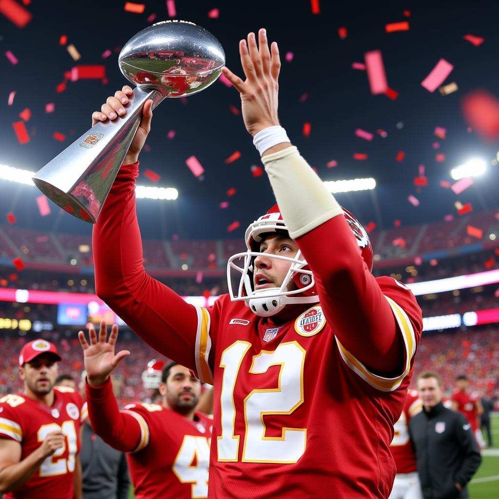 Patrick Mahomes hoisting the Super Bowl trophy